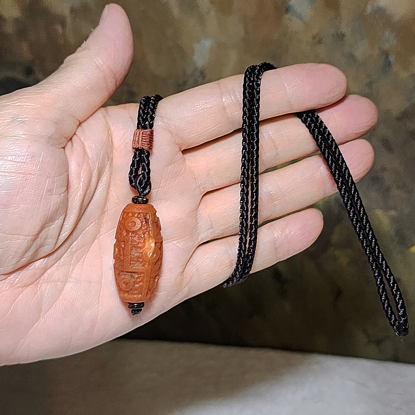 33.9mm Mongolia old mine Nan Hong with natural mountain support pattern carved 9 Eyes Dzi pendant 老蒙南红天然靠山纹雕刻九眼天珠吊坠