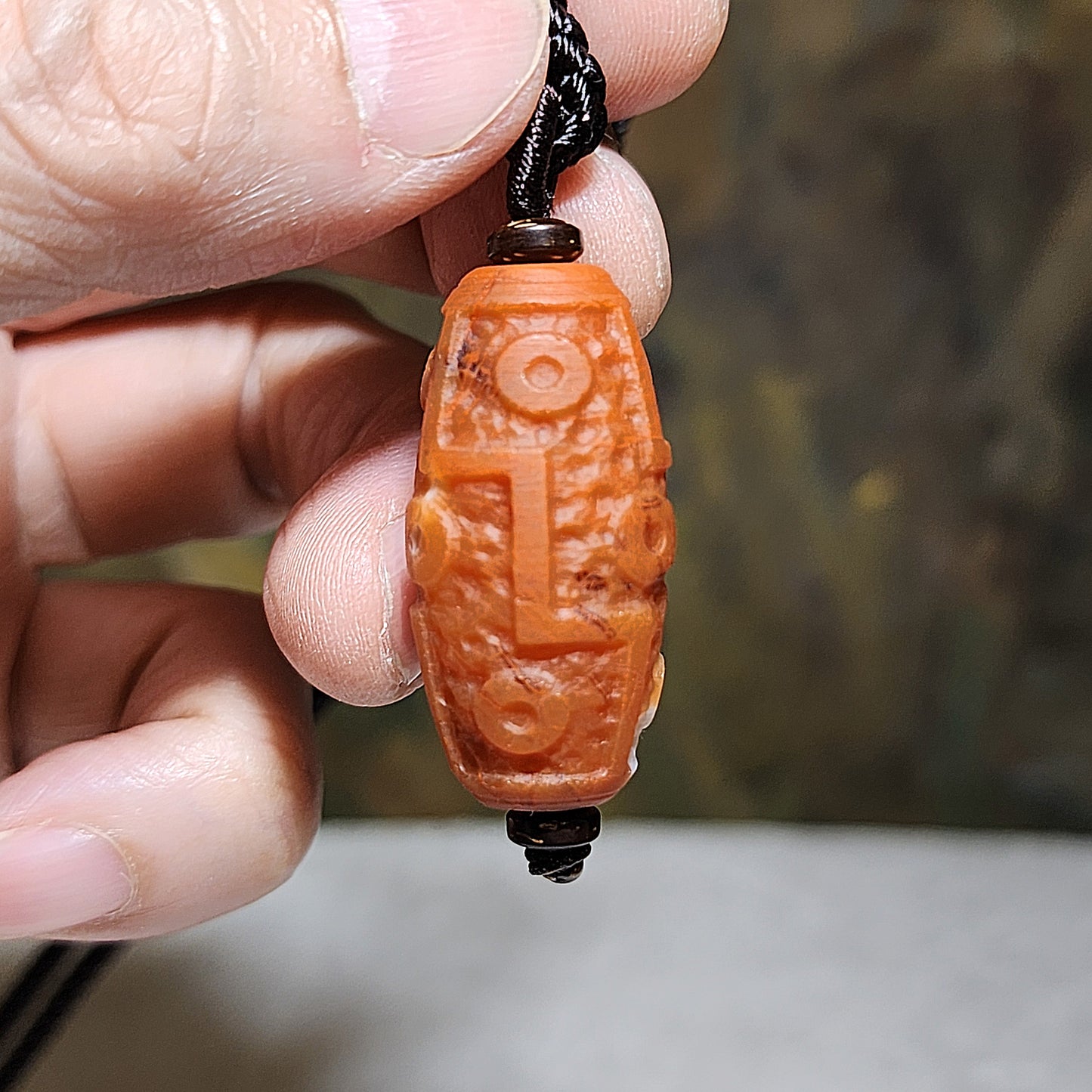 33.9mm Mongolia old mine Nan Hong with natural mountain support pattern carved 9 Eyes Dzi pendant 老蒙南红天然靠山纹雕刻九眼天珠吊坠