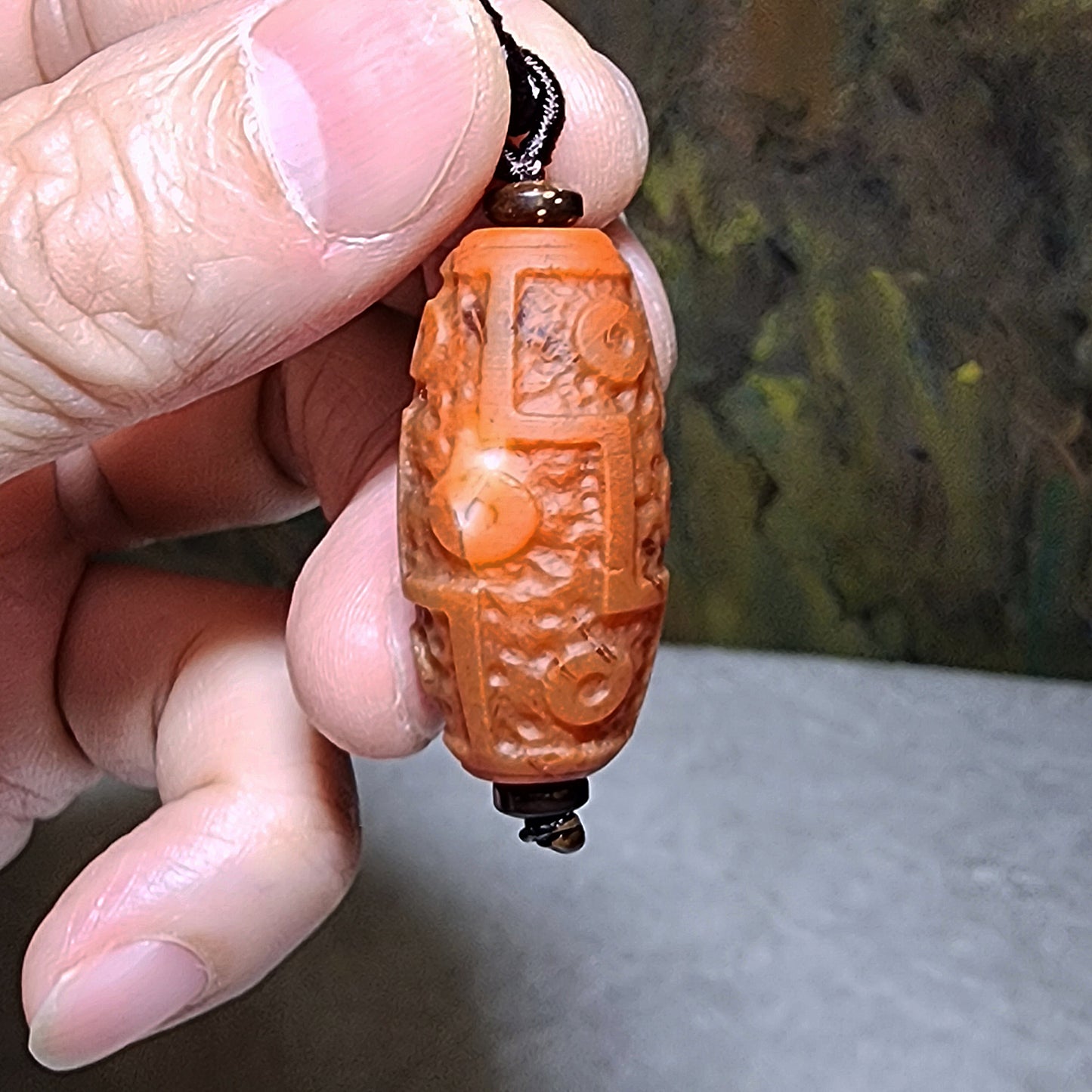 33.9mm Mongolia old mine Nan Hong with natural mountain support pattern carved 9 Eyes Dzi pendant 老蒙南红天然靠山纹雕刻九眼天珠吊坠