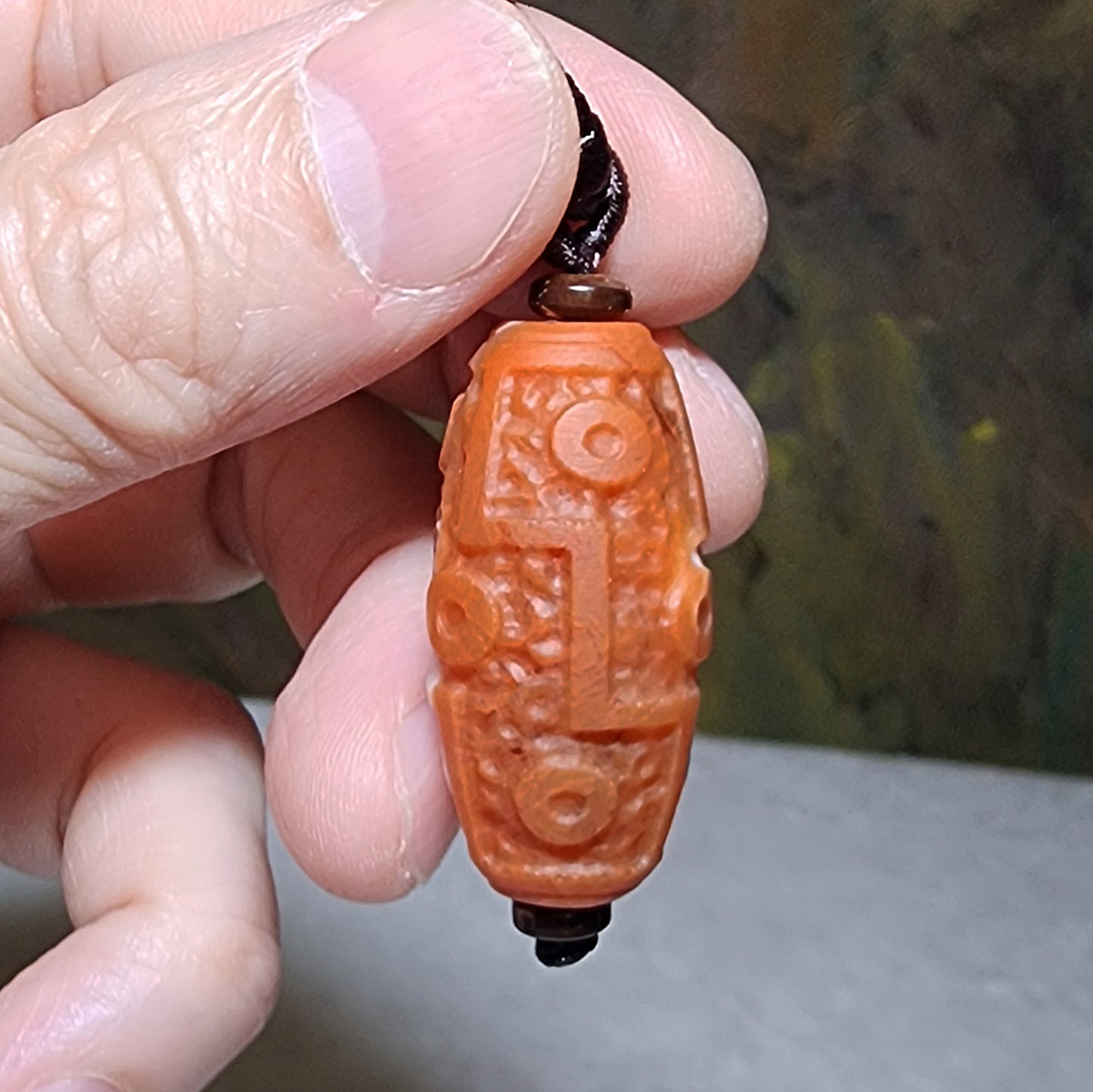 33.9mm Mongolia old mine Nan Hong with natural mountain support pattern carved 9 Eyes Dzi pendant 老蒙南红天然靠山纹雕刻九眼天珠吊坠