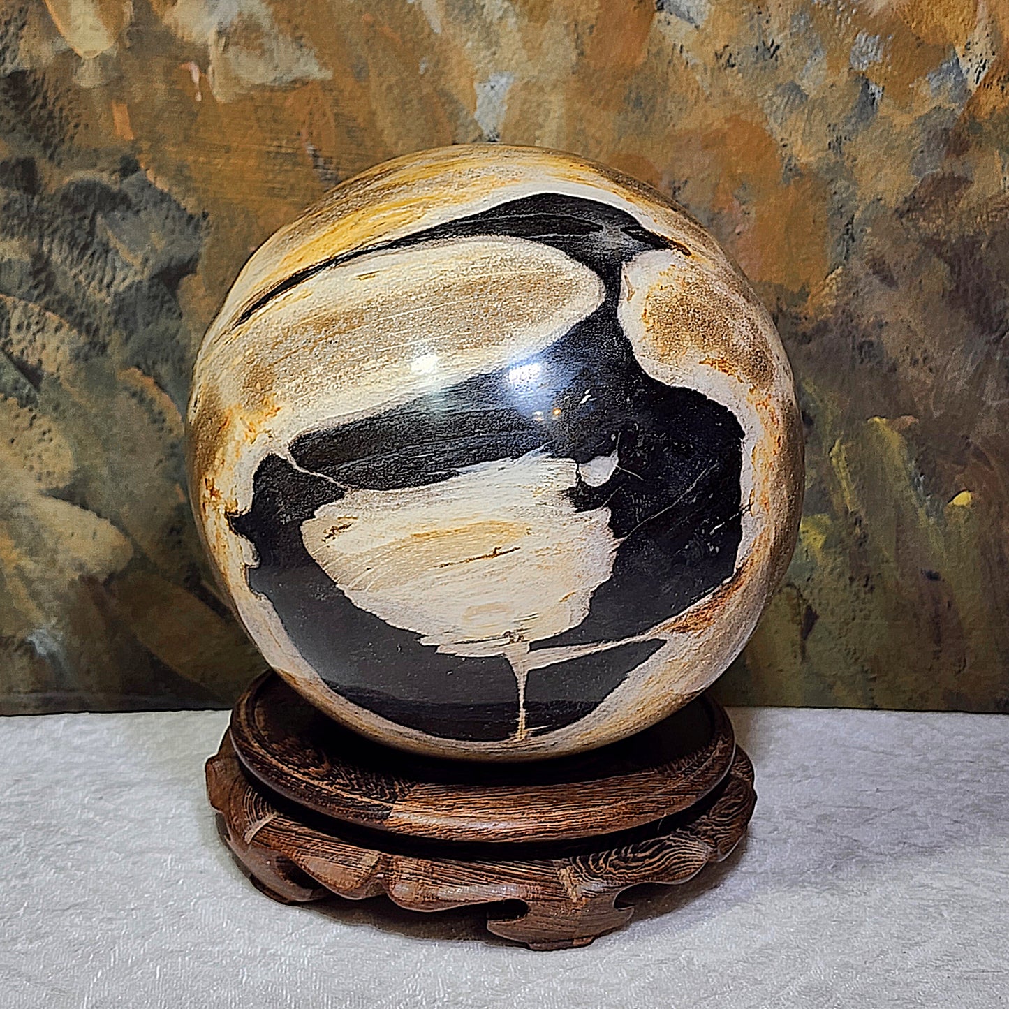 Large 16cm Premium hand polished Petrified Wood "a" and many unique patterns feng shui globe ball  [Natural Crystal] 精品大尺寸木化石多色多图形"a字" 人工切割打磨镇宅风水球 #2