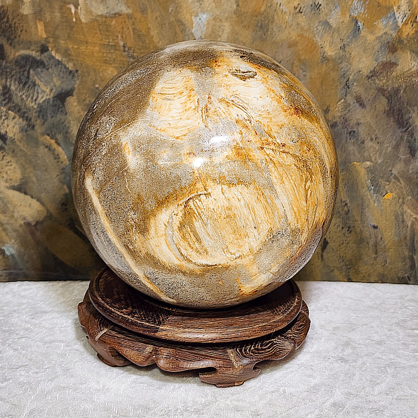 Large 16cm Premium hand polished Petrified Wood "a" and many unique patterns feng shui globe ball  [Natural Crystal] 精品大尺寸木化石多色多图形"a字" 人工切割打磨镇宅风水球 #2