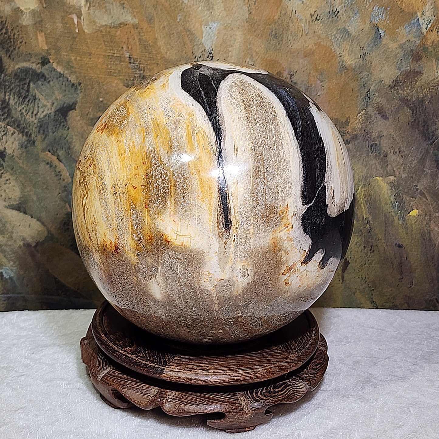 Large 16cm Premium hand polished Petrified Wood "a" and many unique patterns feng shui globe ball  [Natural Crystal] 精品大尺寸木化石多色多图形"a字" 人工切割打磨镇宅风水球 #2