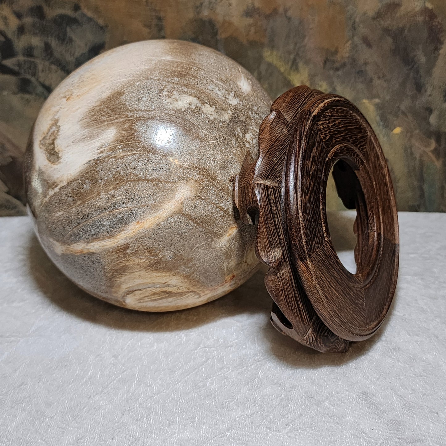 Large 16cm Premium hand polished Petrified Wood "a" and many unique patterns feng shui globe ball  [Natural Crystal] 精品大尺寸木化石多色多图形"a字" 人工切割打磨镇宅风水球 #2