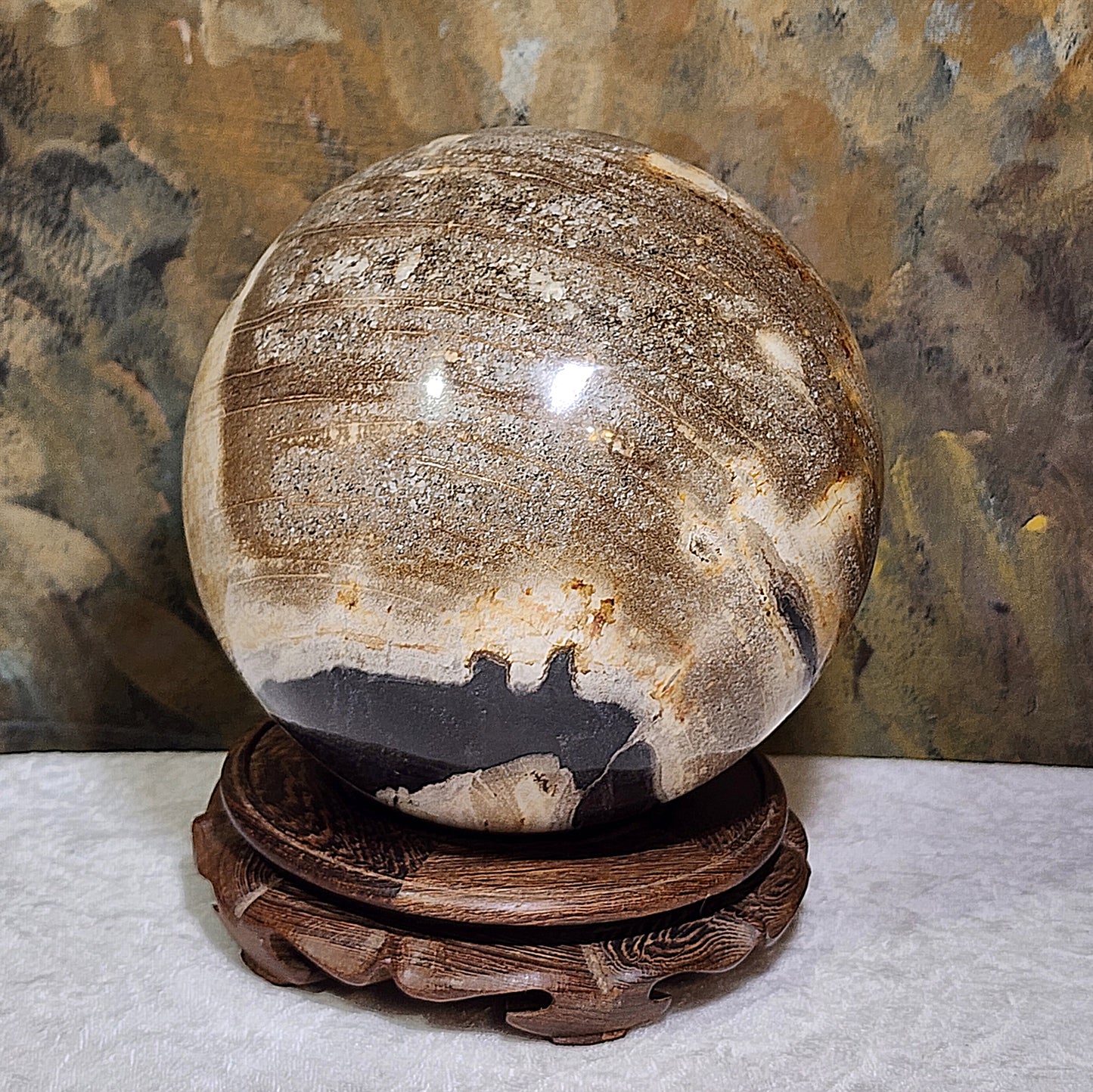 Large 16cm Premium hand polished Petrified Wood "a" and many unique patterns feng shui globe ball  [Natural Crystal] 精品大尺寸木化石多色多图形"a字" 人工切割打磨镇宅风水球 #2