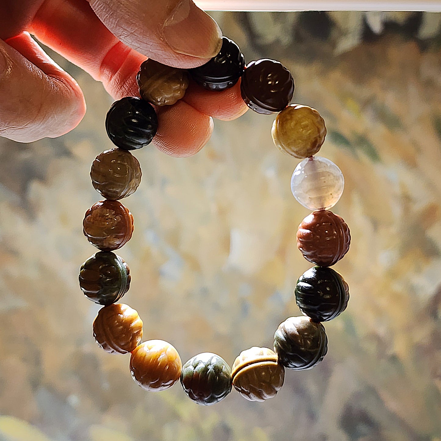 12.5mm+ Natural Gobi Desert Agate multicolor "Rich and Successful"  (Tortoise Shell carvings) bracelet [Natural Crystal] 天然戈壁沙漠玛瑙雕刻富甲天下多宝串手链