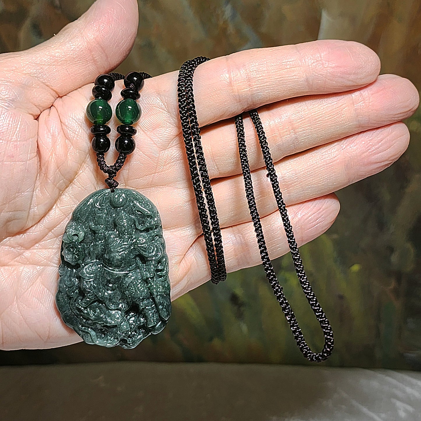 Premium Type A Jadeite Guan Gong with Guandao, Seal and Dragon pendant (with certificate) 优质翡翠御龙关公持大关刀捧印玺玉吊坠(带证书)