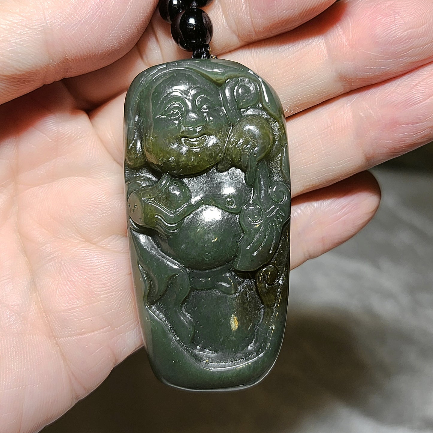 67 grams Premium Nephrite green with caramel brown Laughing Buddha Jade handheld/large pendant (with certificate) 67克优质且末和田玉绿带糖笑佛弥勒佛手把/大吊坠(带证书)