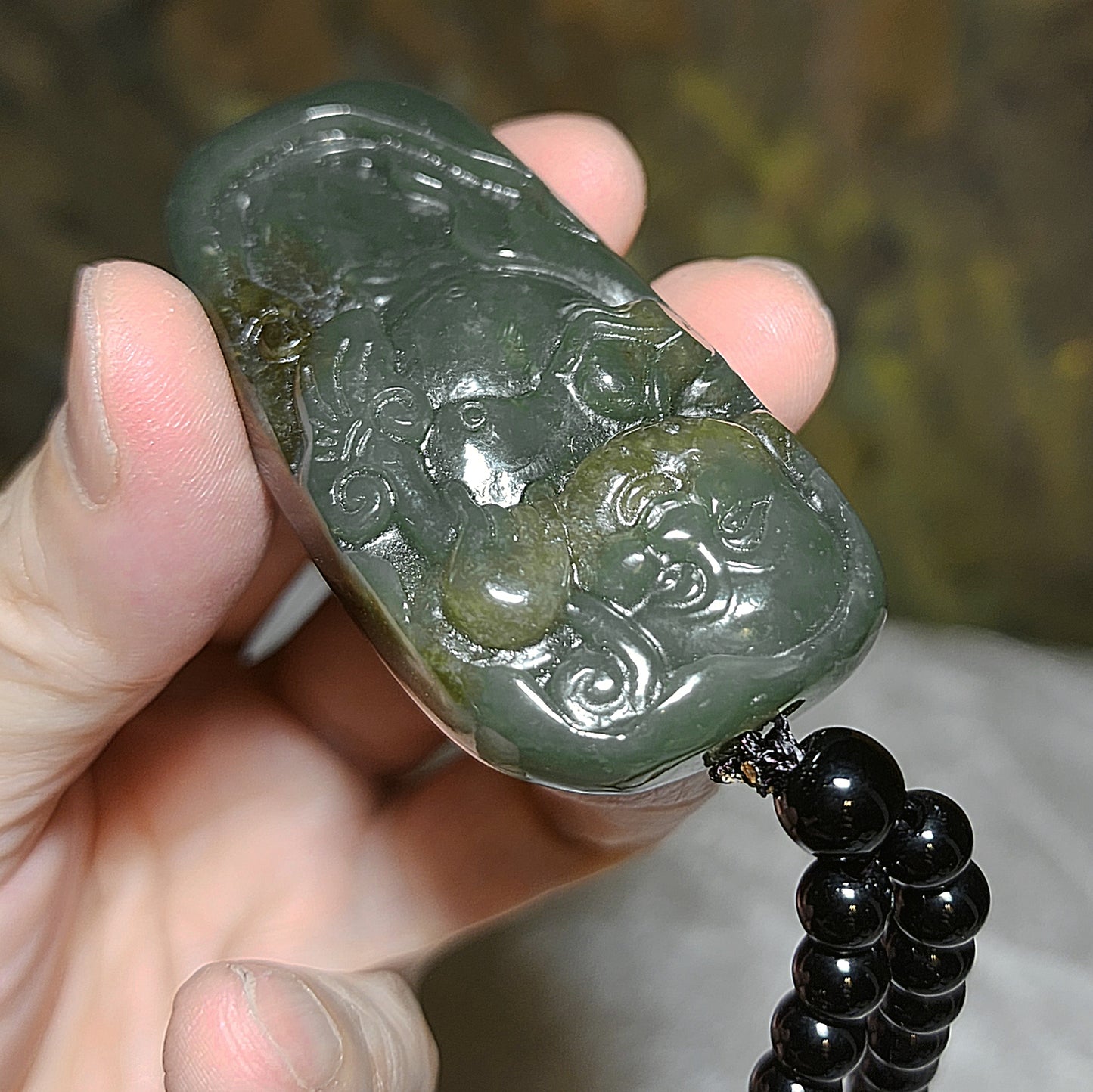 67 grams Premium Nephrite green with caramel brown Laughing Buddha Jade handheld/large pendant (with certificate) 67克优质且末和田玉绿带糖笑佛弥勒佛手把/大吊坠(带证书)