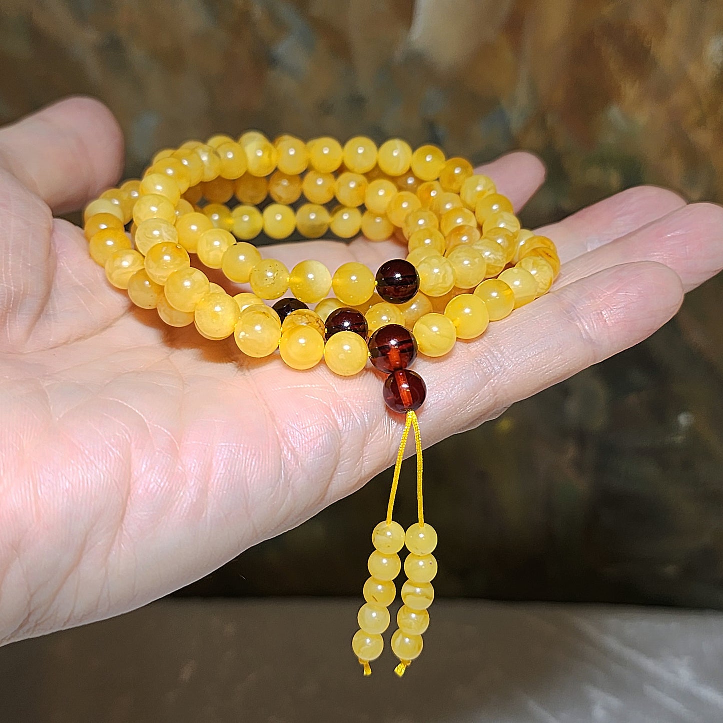 7.2mm Premium Butterscotch Amber 108 mala necklace [Natural Crystal] 7.2毫米优质蜜蜡108念珠项链