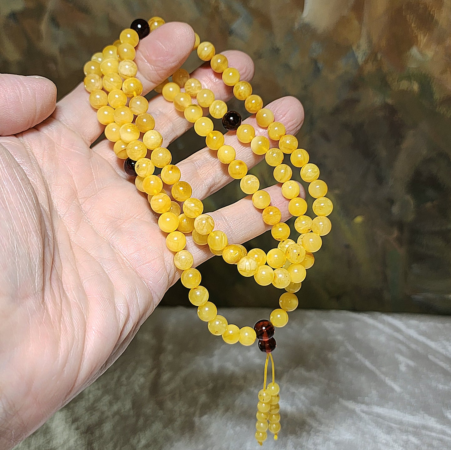 7.2mm Premium Butterscotch Amber 108 mala necklace [Natural Crystal] 7.2毫米优质蜜蜡108念珠项链