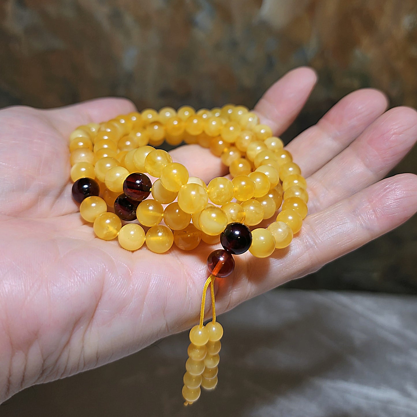 7.5mm+ Premium Butterscotch Amber 108 mala necklace [Natural Crystal] 优质蜜蜡108念珠项链