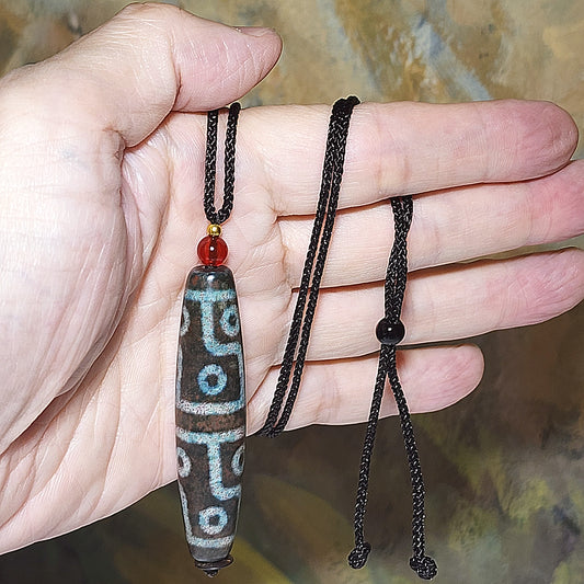 59.5mm Aged Tibetan Xang Xung (Zhang Zhung) 12 Eyes Dzi blue hue with lots of small red spots pendant 西藏老矿象雄满细朱砂蓝沁十二眼天珠(带证书)
