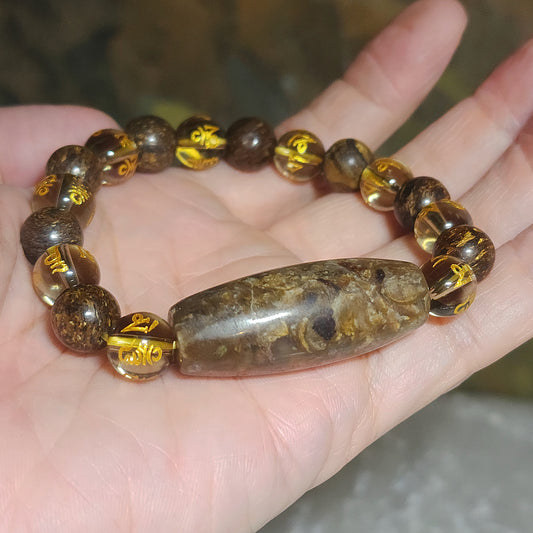 Gegegems Creation Tibetan Shankha fossil Natural Eyes Dzi with 10mm Bronzite & Smoky Quartz Om Mani Padme Hum bracelet 藏传天眼法螺天珠茶晶六字真言古铜輝石手链