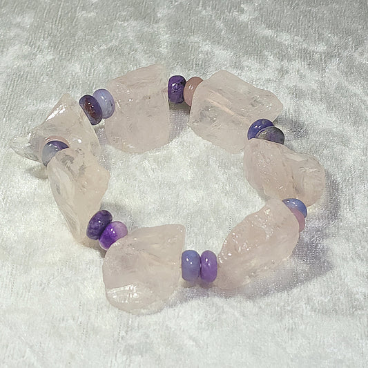 Gegegems Creation 44.95 grams Premium natural Madagascar raw Icy Rose Quartz & Sugilite abacus beads bracelet  [Natural Crystal] 精品天然馬达加斯加冰粉晶原石配舒倶来手链