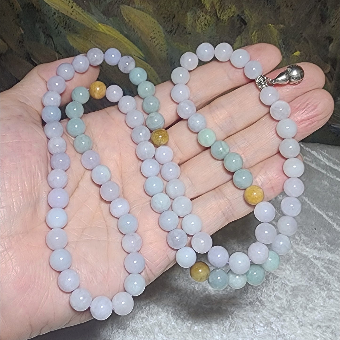 8mm+ Premium Type A Jadeite yellow light green & light lavender Jade necklace 优质翡翠A货黄翡淡紫淡绿项链