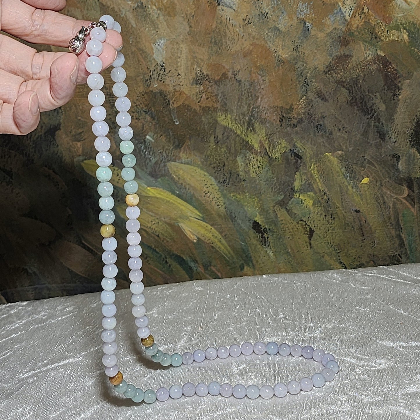 8mm+ Premium Type A Jadeite yellow light green & light lavender Jade necklace 优质翡翠A货黄翡淡紫淡绿项链