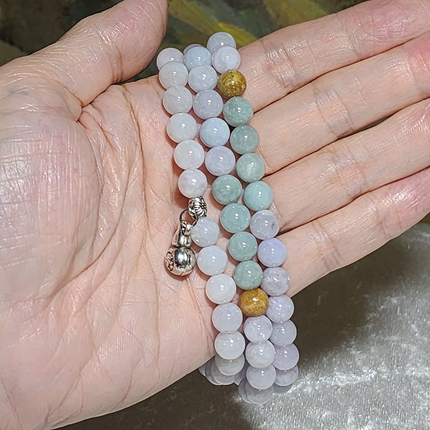 8mm+ Premium Type A Jadeite yellow light green & light lavender Jade necklace 优质翡翠A货黄翡淡紫淡绿项链