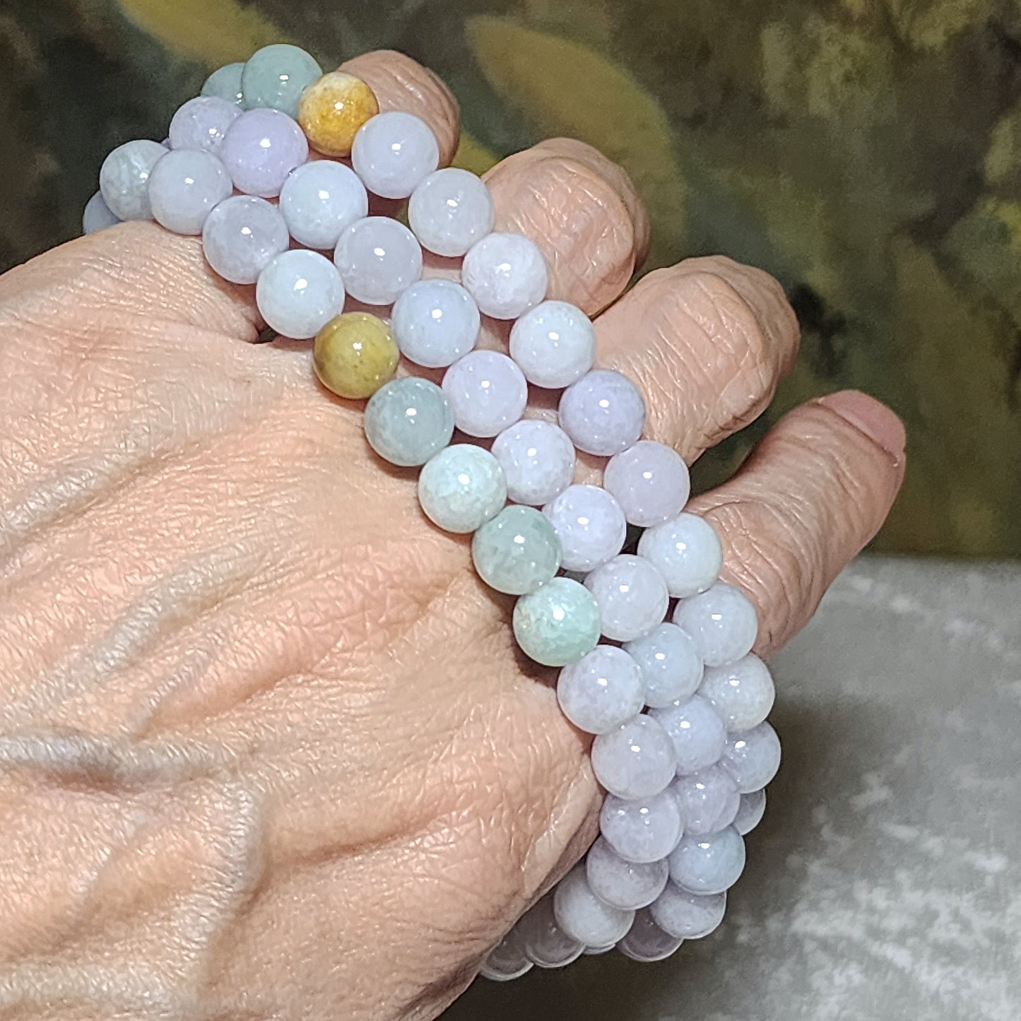 8mm+ Premium Type A Jadeite yellow light green & light lavender Jade necklace 优质翡翠A货黄翡淡紫淡绿项链