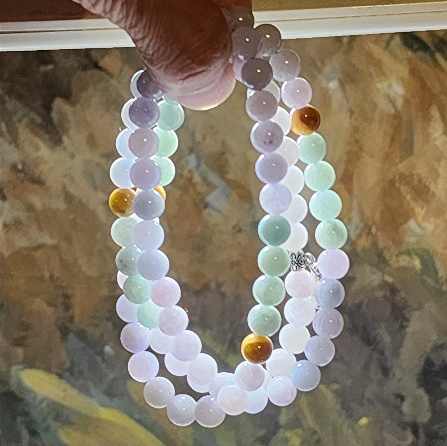 8mm+ Premium Type A Jadeite yellow light green & light lavender Jade necklace 优质翡翠A货黄翡淡紫淡绿项链