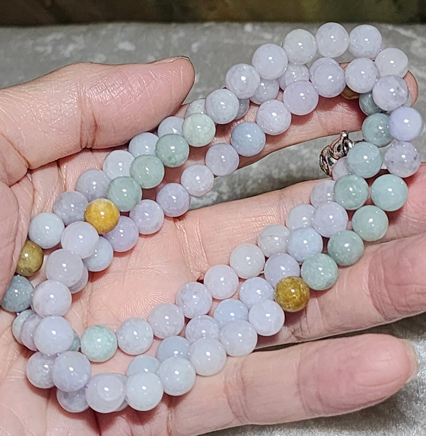8mm+ Premium Type A Jadeite yellow light green & light lavender Jade necklace 优质翡翠A货黄翡淡紫淡绿项链