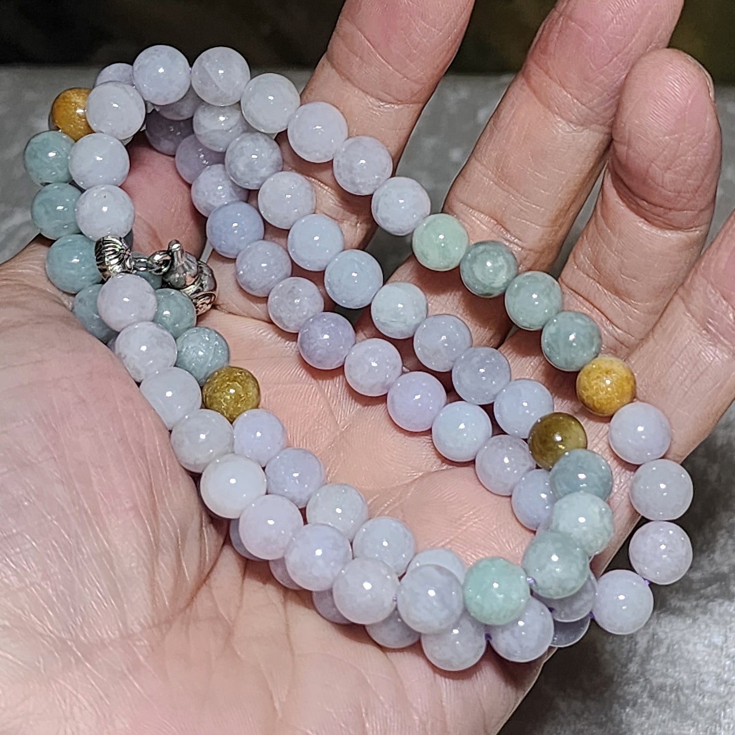 8mm+ Premium Type A Jadeite yellow light green & light lavender Jade necklace 优质翡翠A货黄翡淡紫淡绿项链