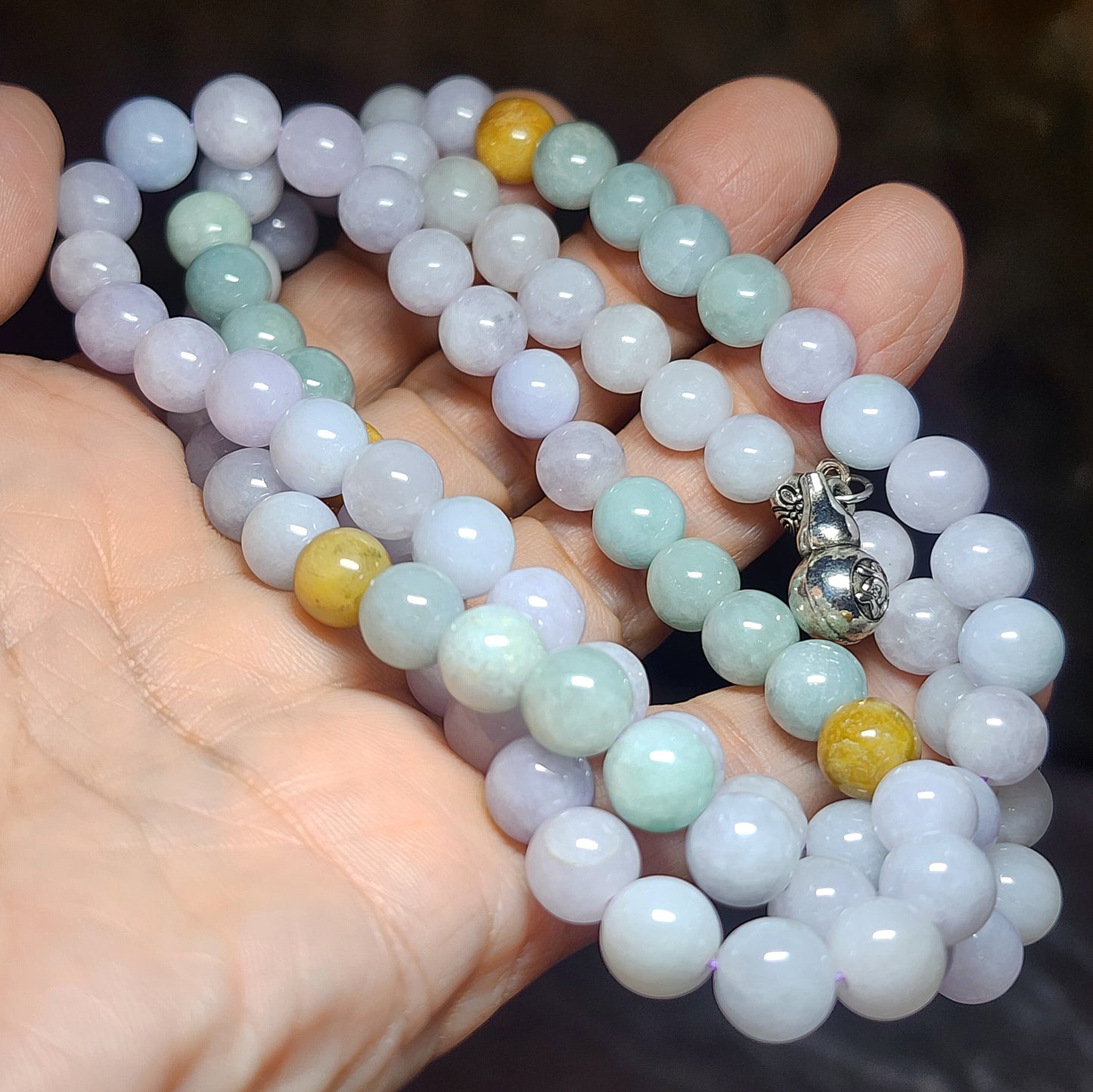 8mm+ Premium Type A Jadeite yellow light green & light lavender Jade necklace 优质翡翠A货黄翡淡紫淡绿项链