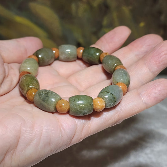 Type A Jadeite 12mm light green light yellow barrel beads (with certificate) and 8mm Yellow Jadeite beads bracelet 翡翠A货淡黄绿桶珠(带证书)配黄翡圆珠手链
