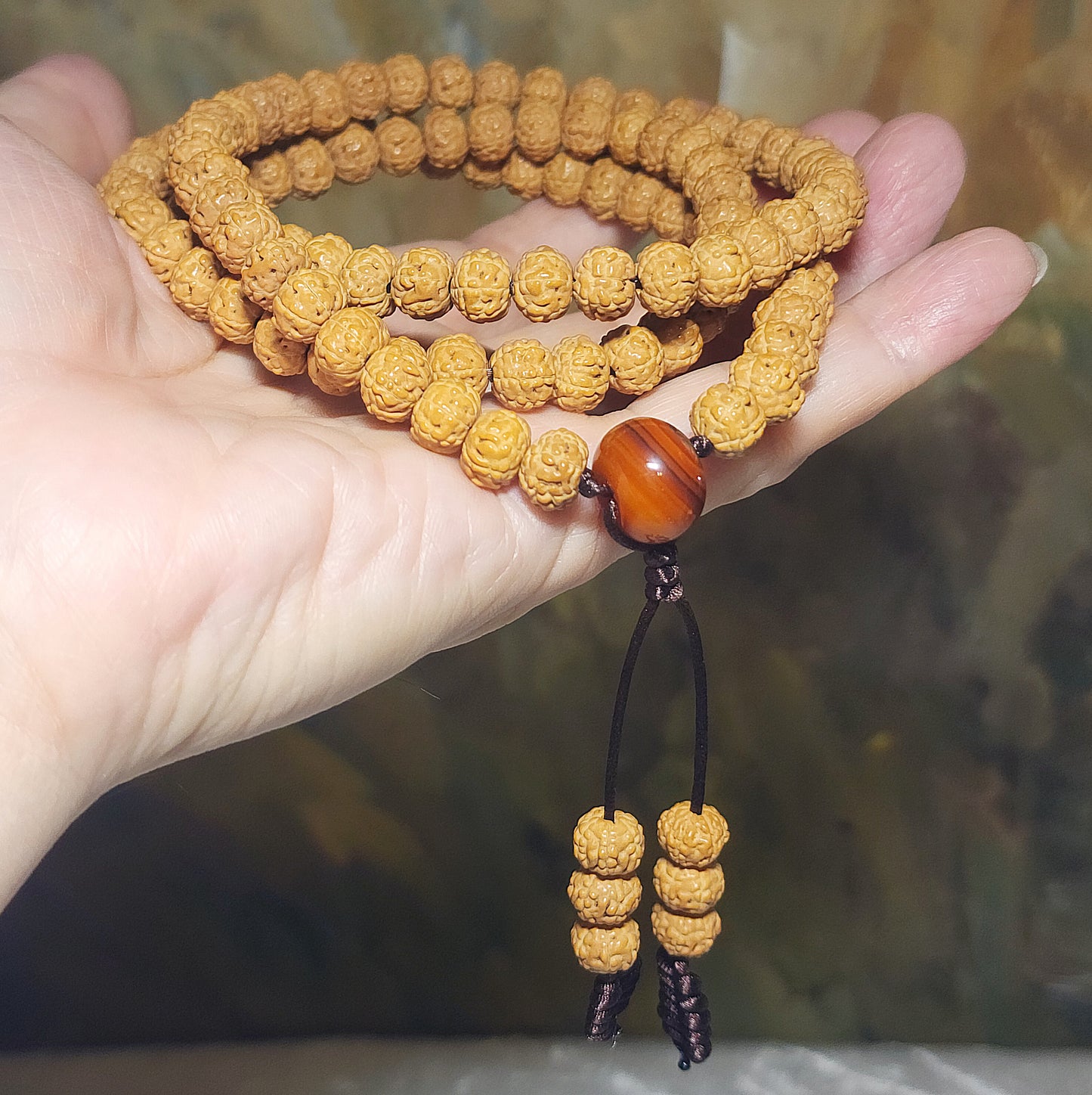 8.8mm 6 Mukhi (Faces) high density high oil content"Panlong (Coiling Dragons") Rudraksha 108 mala beads/necklace with a 14mm The Warring States Sardonyx Lu Lu Tong 8.8毫米高油铁籽六瓣盘龙小金刚菩提108念珠/项链配14毫米战国红路路通