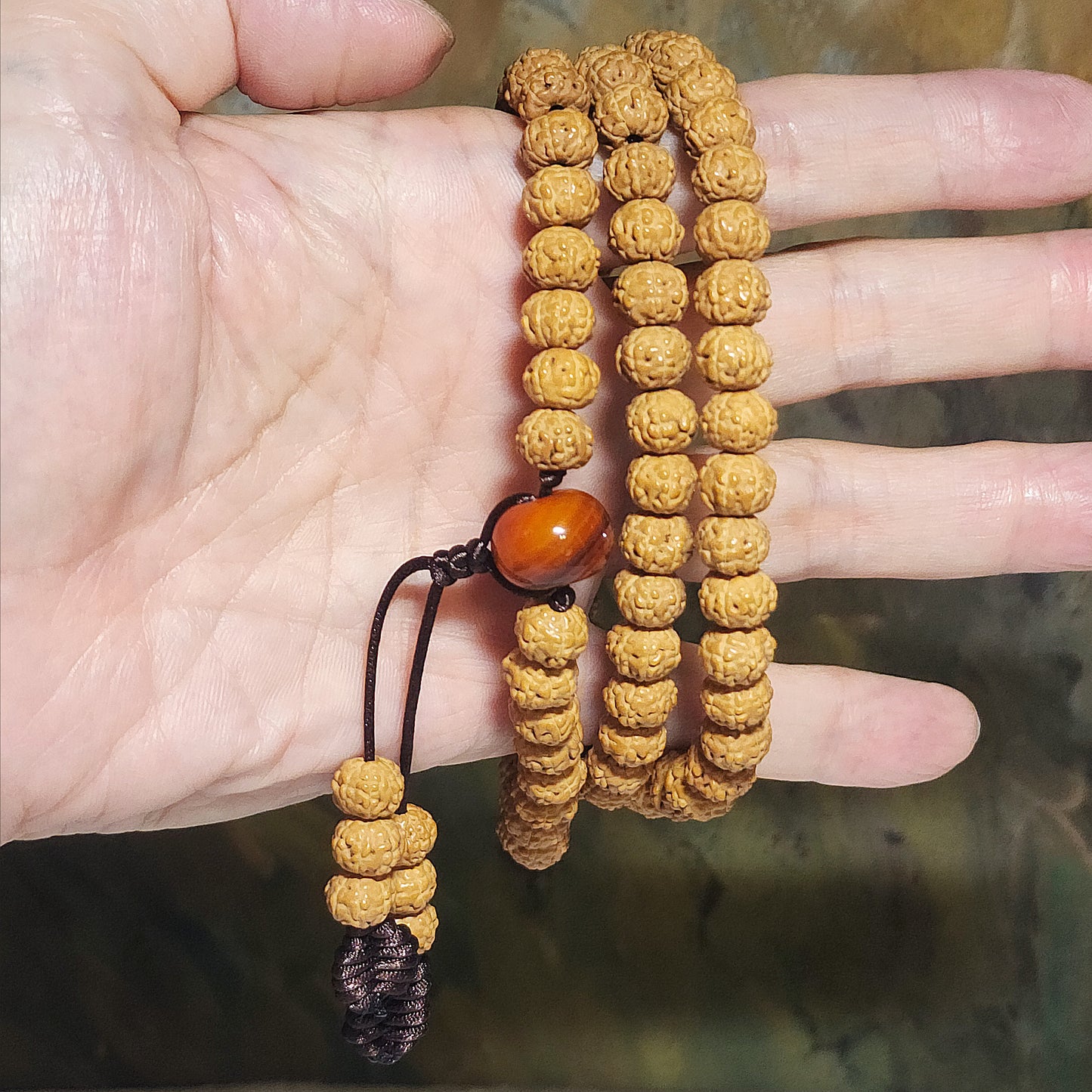 8.8mm 6 Mukhi (Faces) high density high oil content"Panlong (Coiling Dragons") Rudraksha 108 mala beads/necklace with a 14mm The Warring States Sardonyx Lu Lu Tong 8.8毫米高油铁籽六瓣盘龙小金刚菩提108念珠/项链配14毫米战国红路路通