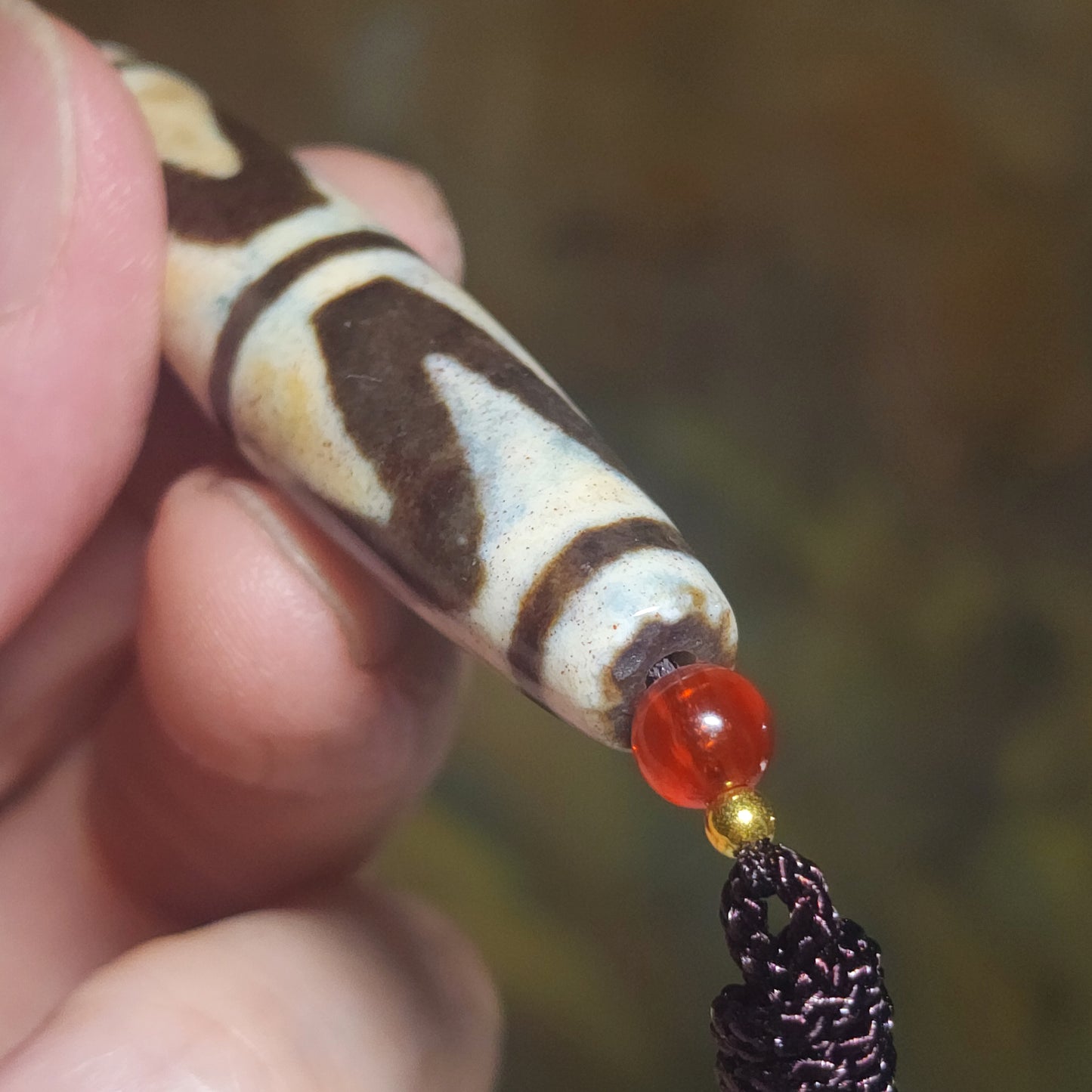 Gegegems Collection 57.6mm aged Tibetan Huya Dzi pendant with very fine red spots (with certificate) 精品藏传老矿满细朱砂虎牙天珠(带证书)