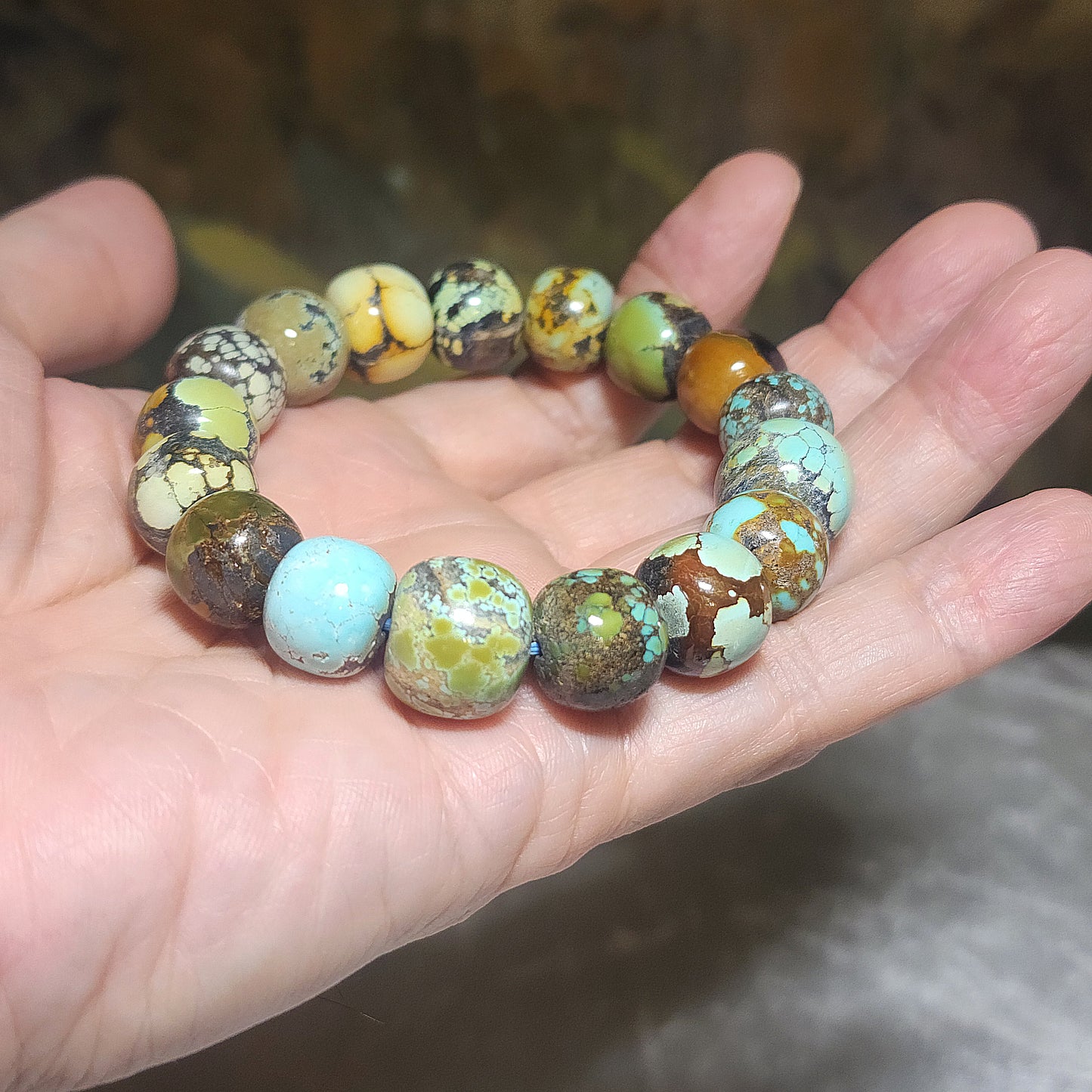 13mm+ Premium natural untreated Hubei Turquoise "Tang Sancai" traditional old style beads bracelet [Natural Crystal] 精品天然原矿湖北松石唐三彩老型珠手链