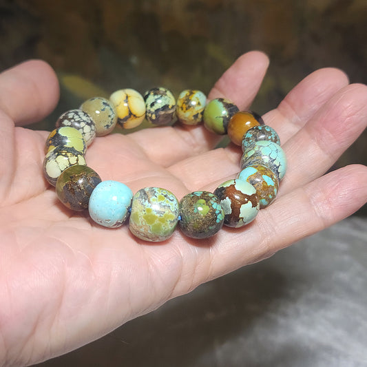 13mm+ Premium natural untreated Hubei Turquoise "Tang Sancai" traditional old style beads bracelet [Natural Crystal] 精品天然原矿湖北松石唐三彩老型珠手链