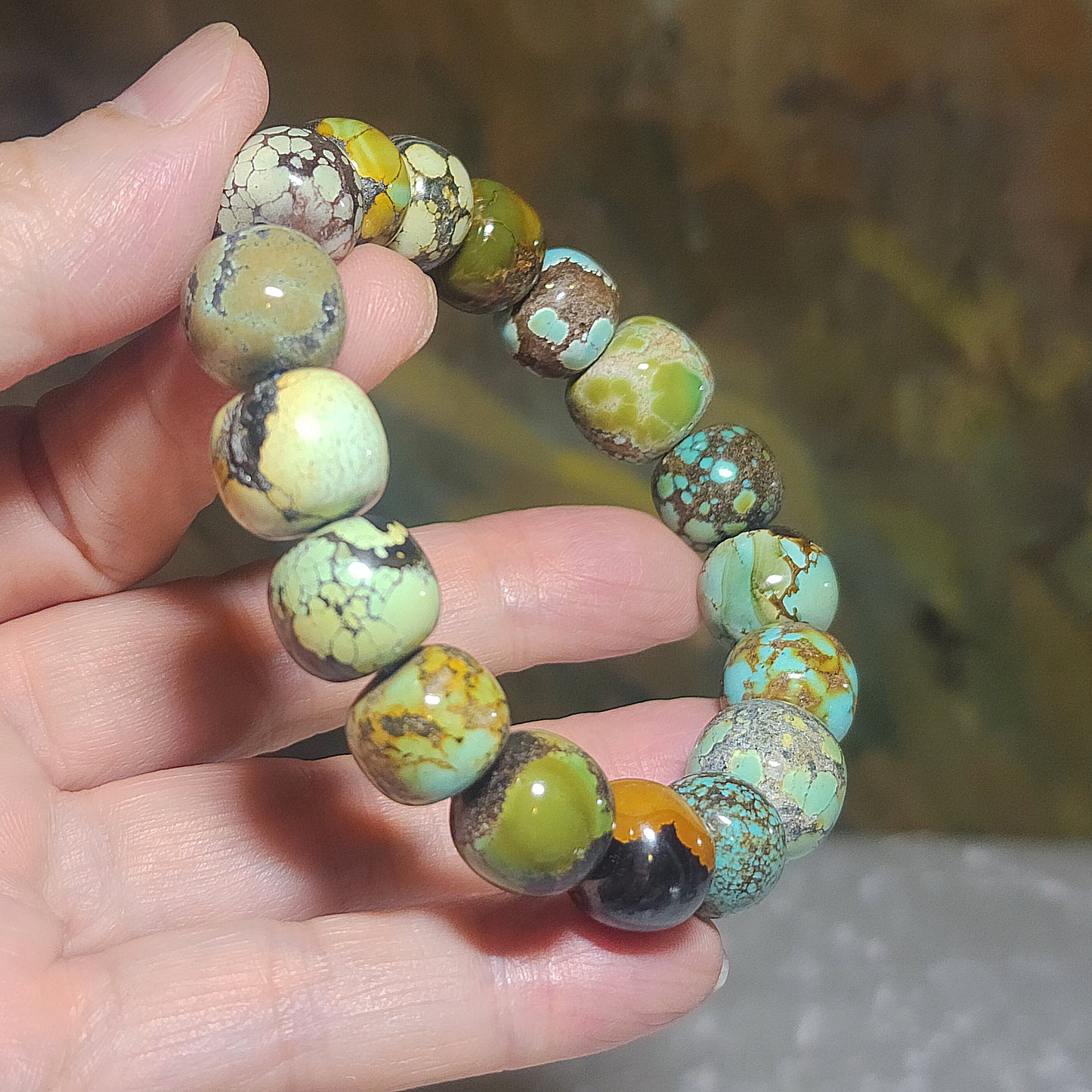 13mm+ Premium natural untreated Hubei Turquoise "Tang Sancai" traditional old style beads bracelet [Natural Crystal] 精品天然原矿湖北松石唐三彩老型珠手链