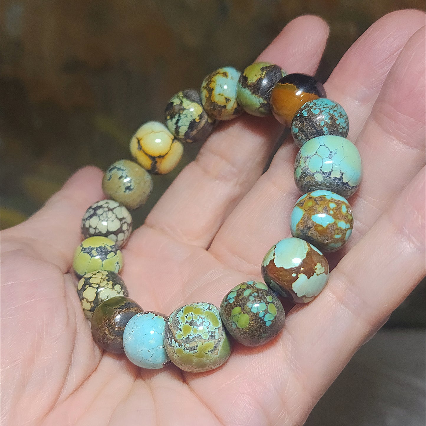13mm+ Premium natural untreated Hubei Turquoise "Tang Sancai" traditional old style beads bracelet [Natural Crystal] 精品天然原矿湖北松石唐三彩老型珠手链