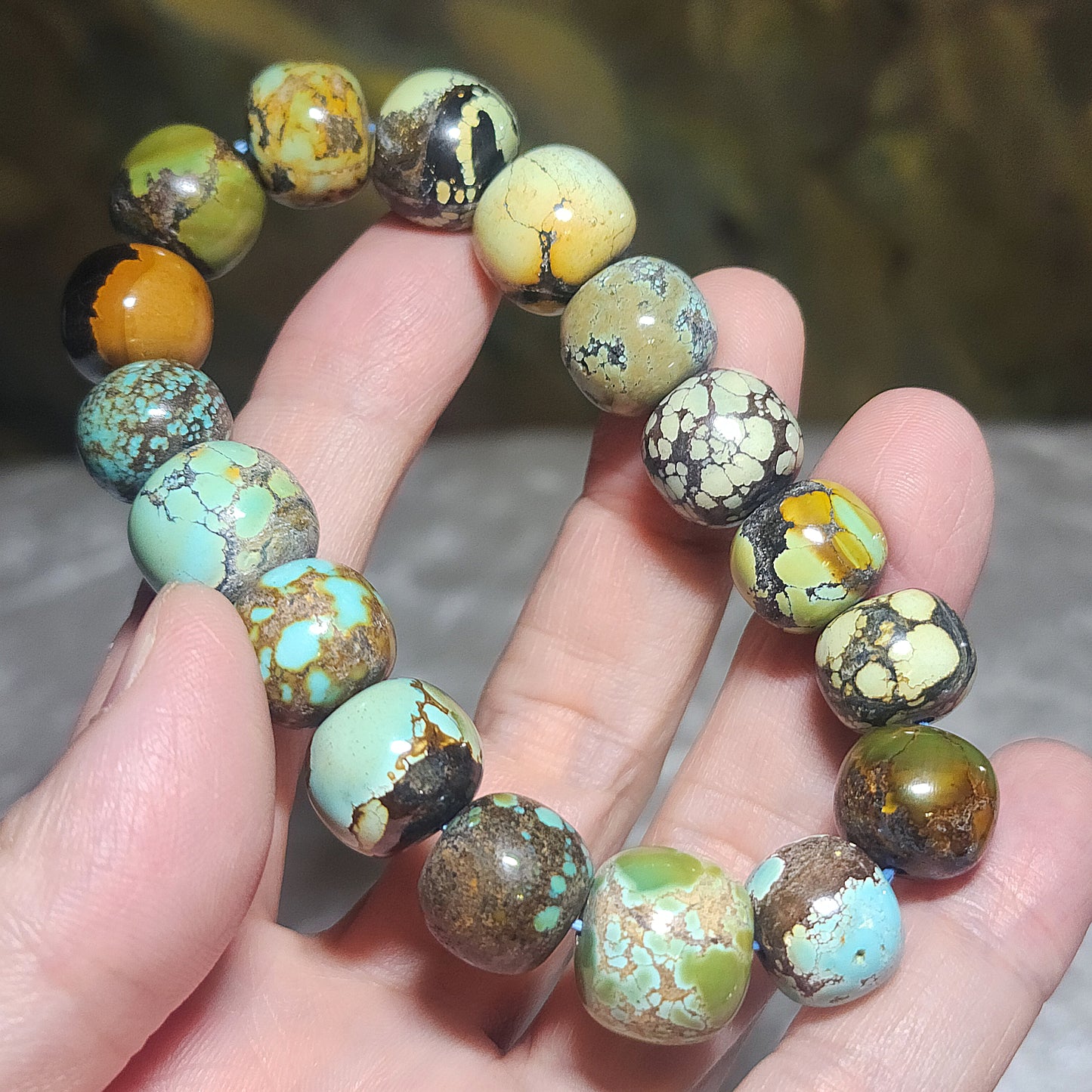 13mm+ Premium natural untreated Hubei Turquoise "Tang Sancai" traditional old style beads bracelet [Natural Crystal] 精品天然原矿湖北松石唐三彩老型珠手链