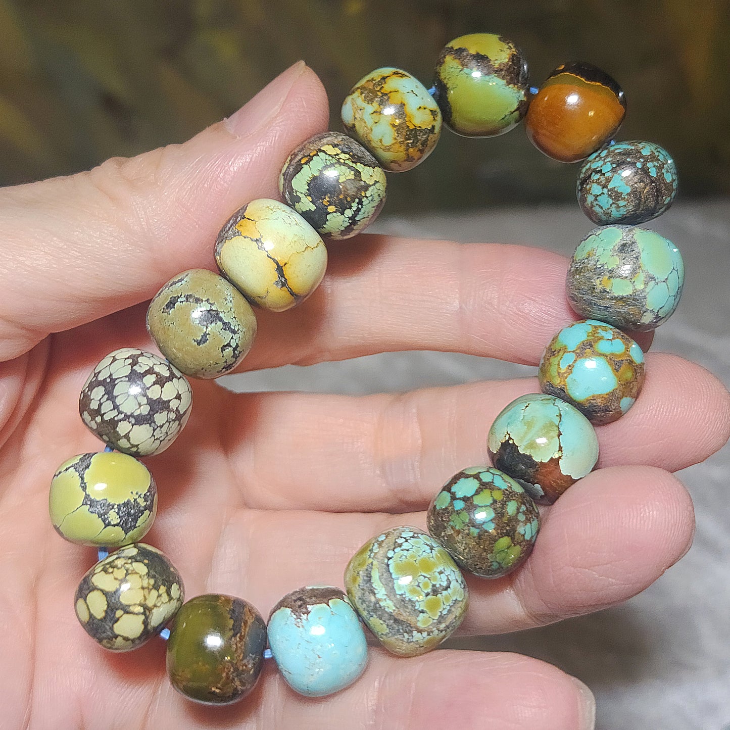 13mm+ Premium natural untreated Hubei Turquoise "Tang Sancai" traditional old style beads bracelet [Natural Crystal] 精品天然原矿湖北松石唐三彩老型珠手链