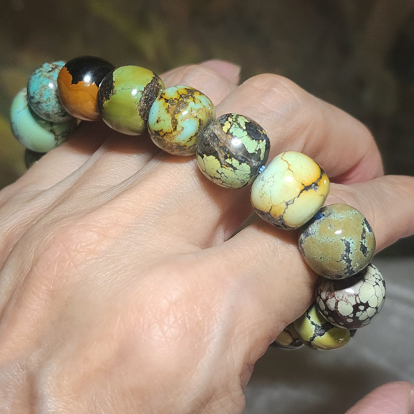 13mm+ Premium natural untreated Hubei Turquoise "Tang Sancai" traditional old style beads bracelet [Natural Crystal] 精品天然原矿湖北松石唐三彩老型珠手链