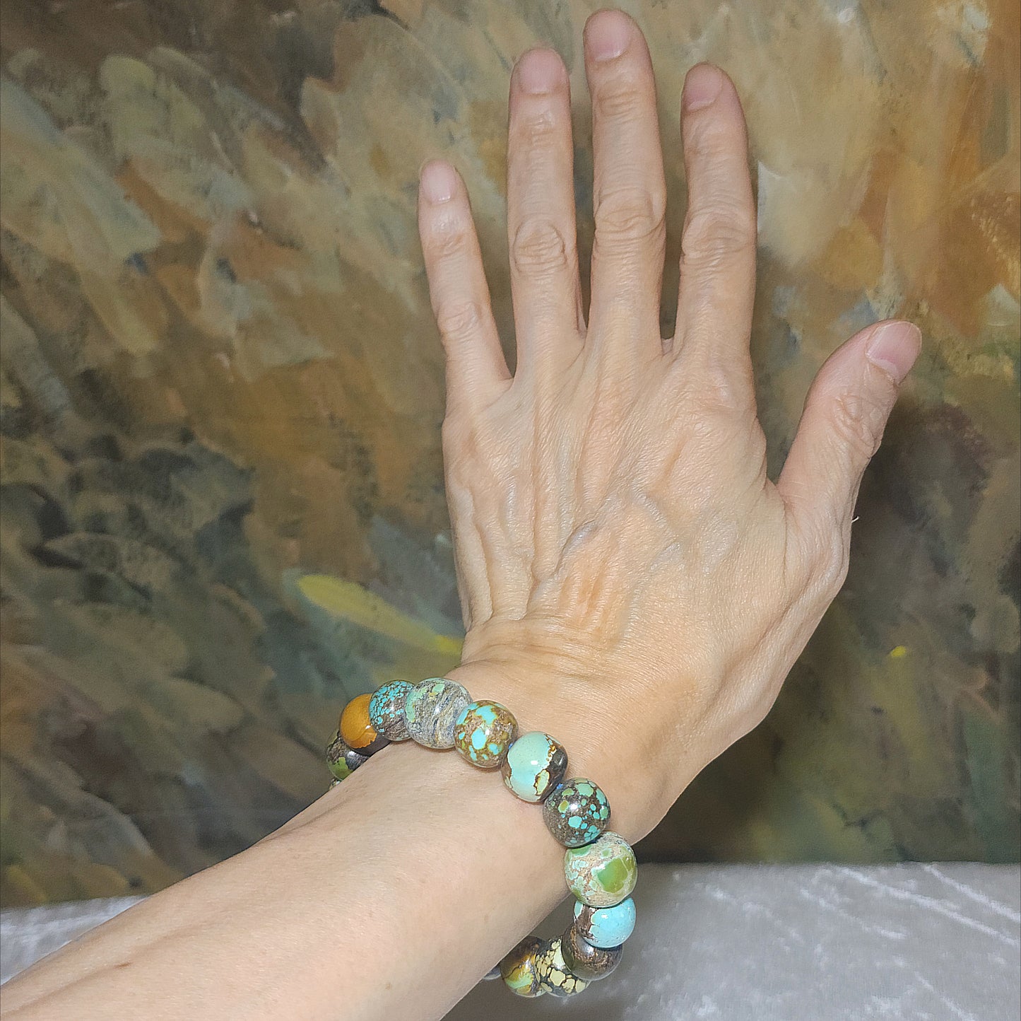 13mm+ Premium natural untreated Hubei Turquoise "Tang Sancai" traditional old style beads bracelet [Natural Crystal] 精品天然原矿湖北松石唐三彩老型珠手链