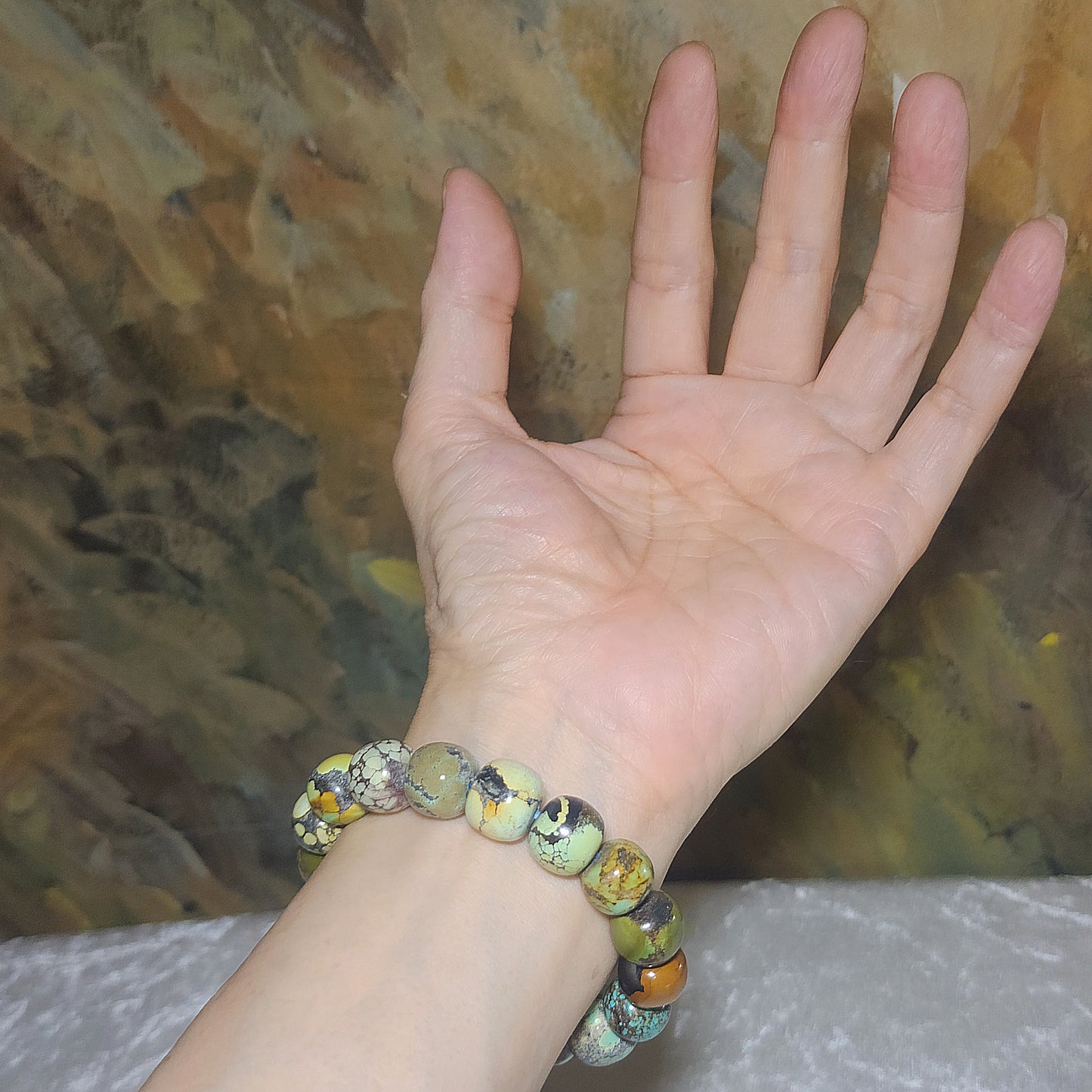 13mm+ Premium natural untreated Hubei Turquoise "Tang Sancai" traditional old style beads bracelet [Natural Crystal] 精品天然原矿湖北松石唐三彩老型珠手链