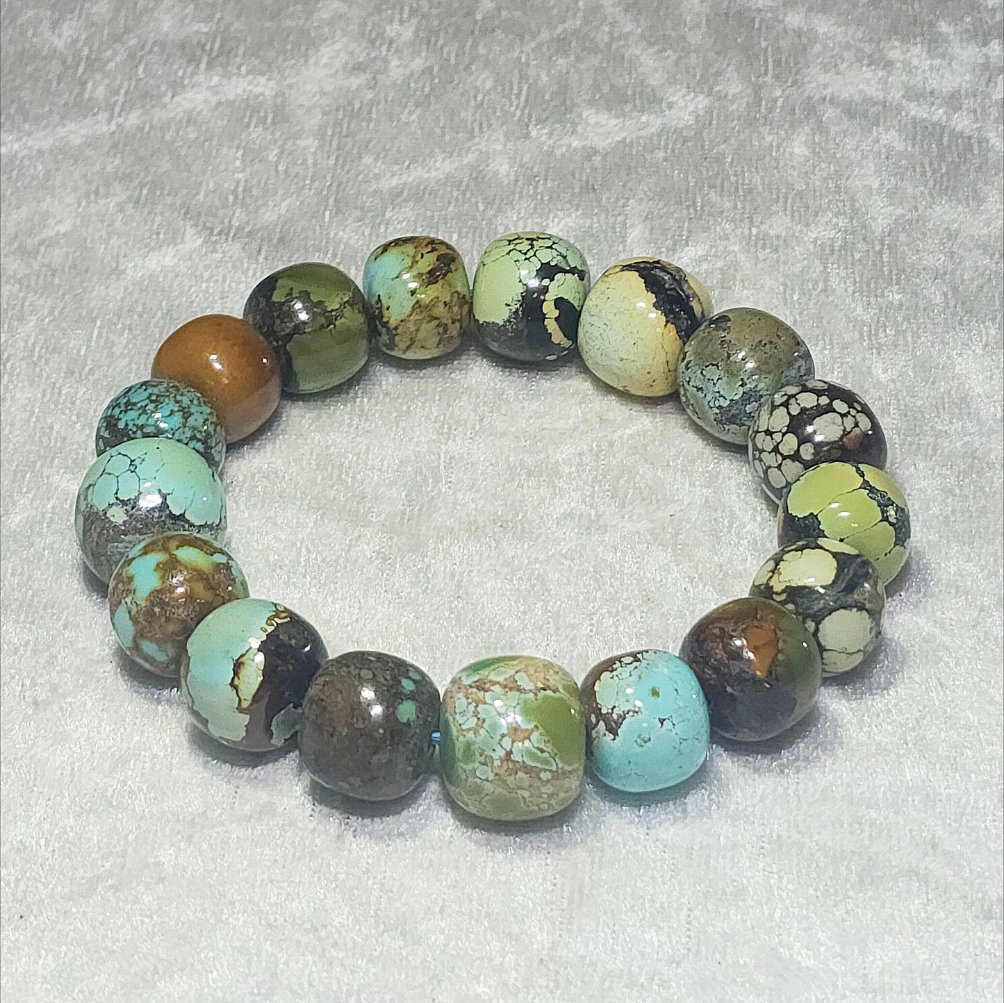 13mm+ Premium natural untreated Hubei Turquoise "Tang Sancai" traditional old style beads bracelet [Natural Crystal] 精品天然原矿湖北松石唐三彩老型珠手链