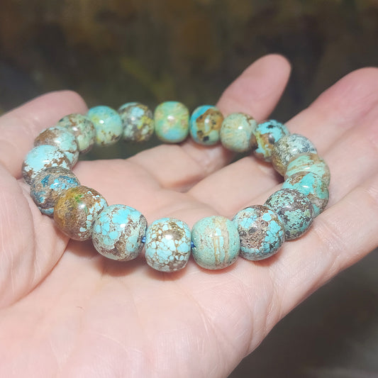 12mm+ Natural untreated Hubei Turquoise bluish green old style beads bracelet [Natural Crystal] 天然原矿湖北松石蓝绿老型珠手链