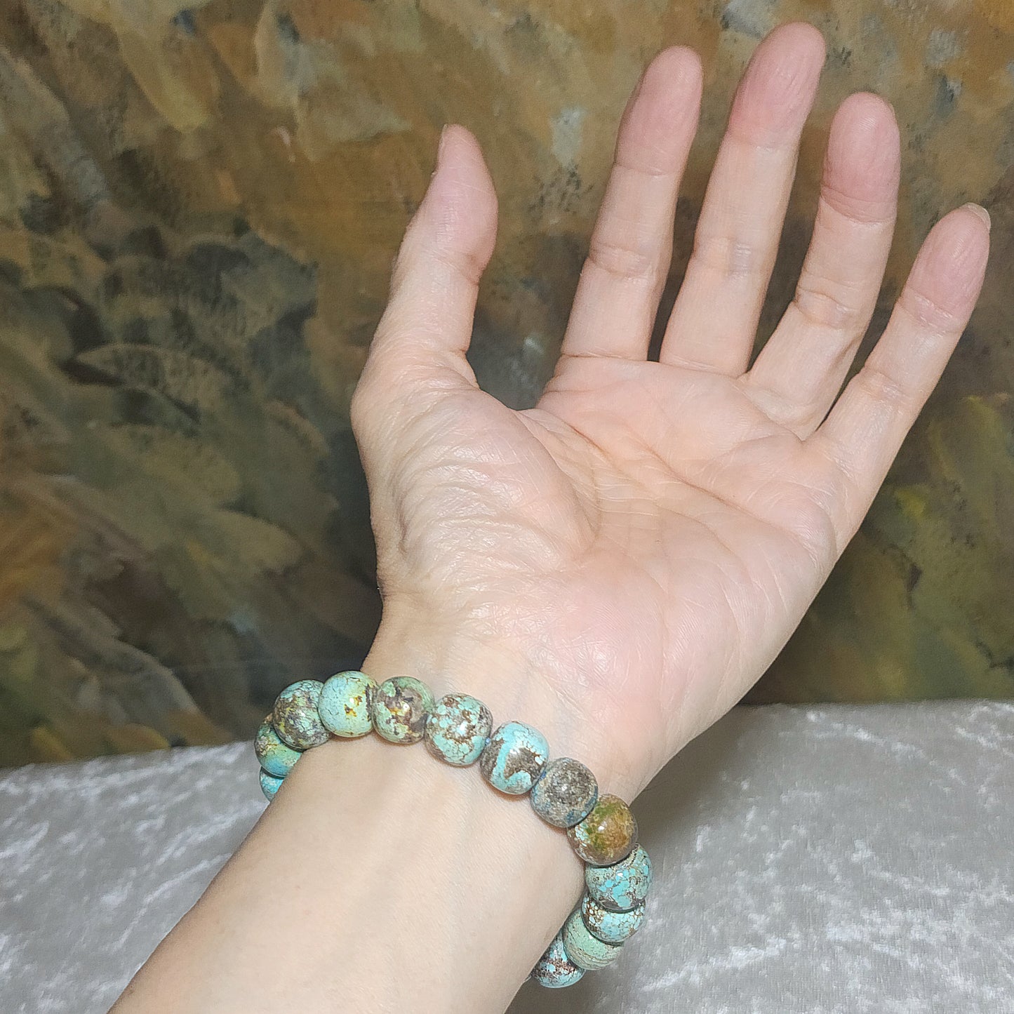 12mm+ Natural untreated Hubei Turquoise bluish green old style beads bracelet [Natural Crystal] 天然原矿湖北松石蓝绿老型珠手链
