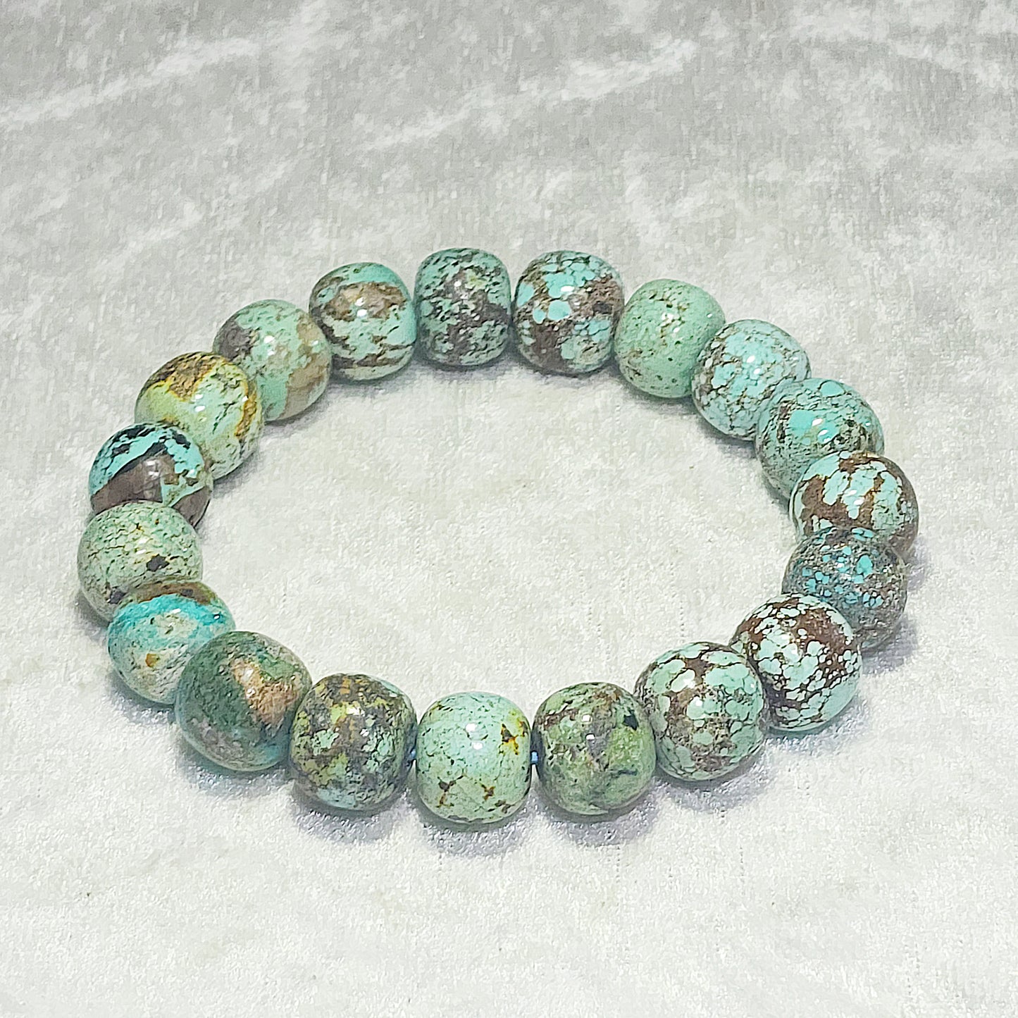 12mm+ Natural untreated Hubei Turquoise bluish green old style beads bracelet [Natural Crystal] 天然原矿湖北松石蓝绿老型珠手链
