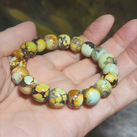 11mm+ Premium natural untreated Hubei Turquoise yellow green tangsancai old style beads bracelet [Natural Crystal] 优质天然原矿湖北松石高瓷菜籽黄唐三彩老型珠手链