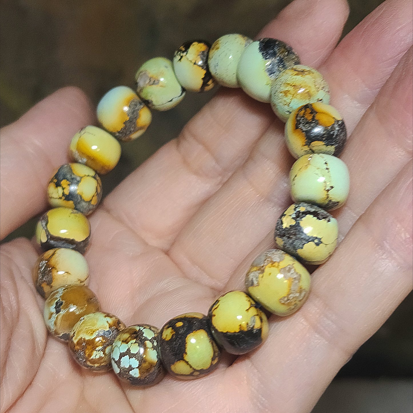 11mm+ Premium natural untreated Hubei Turquoise yellow green tangsancai old style beads bracelet [Natural Crystal] 优质天然原矿湖北松石高瓷菜籽黄唐三彩老型珠手链