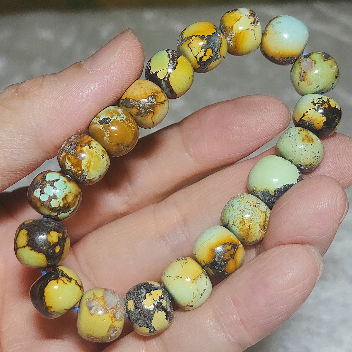 11mm+ Premium natural untreated Hubei Turquoise yellow green tangsancai old style beads bracelet [Natural Crystal] 优质天然原矿湖北松石高瓷菜籽黄唐三彩老型珠手链