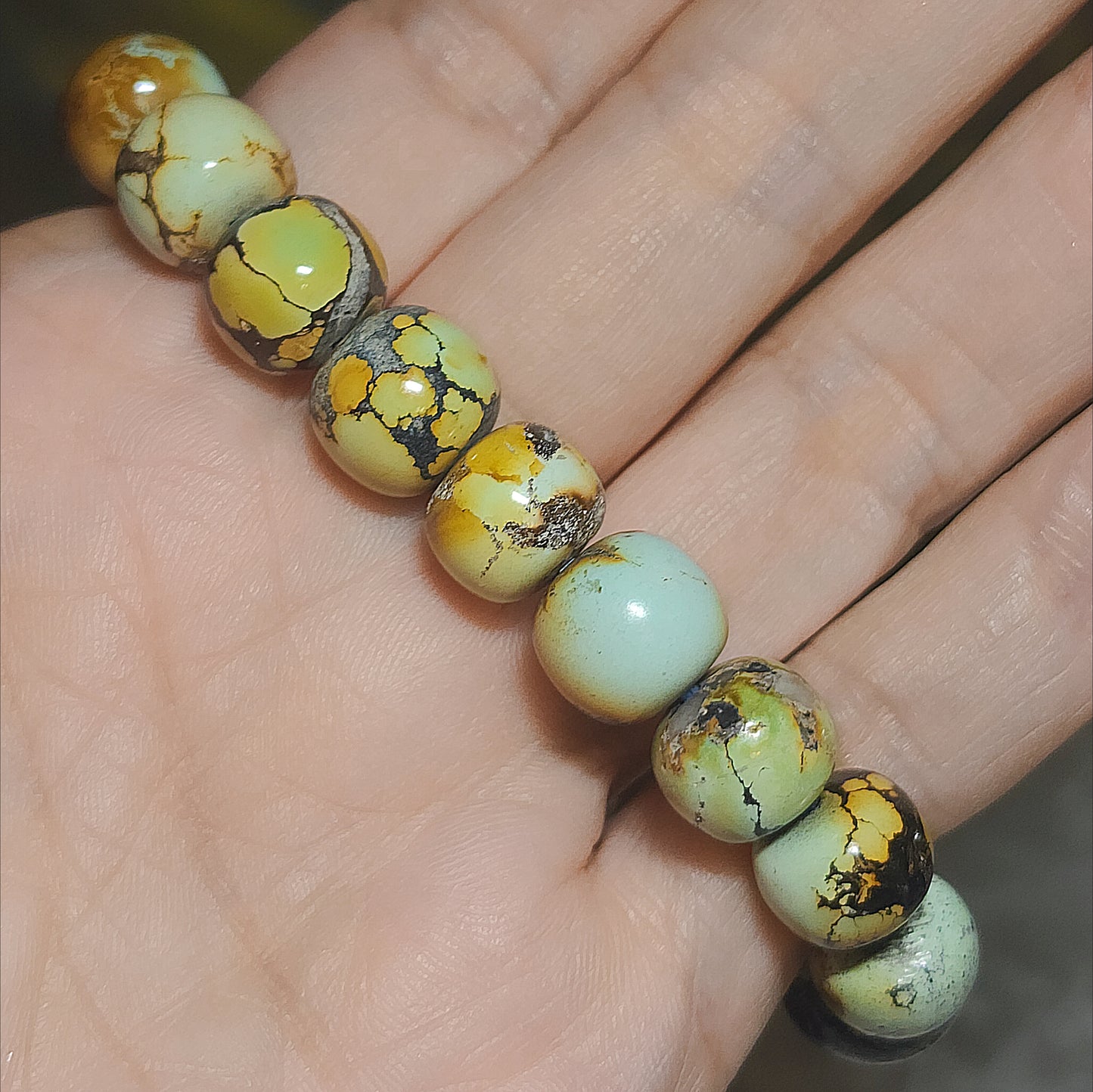 11mm+ Premium natural untreated Hubei Turquoise yellow green tangsancai old style beads bracelet [Natural Crystal] 优质天然原矿湖北松石高瓷菜籽黄唐三彩老型珠手链
