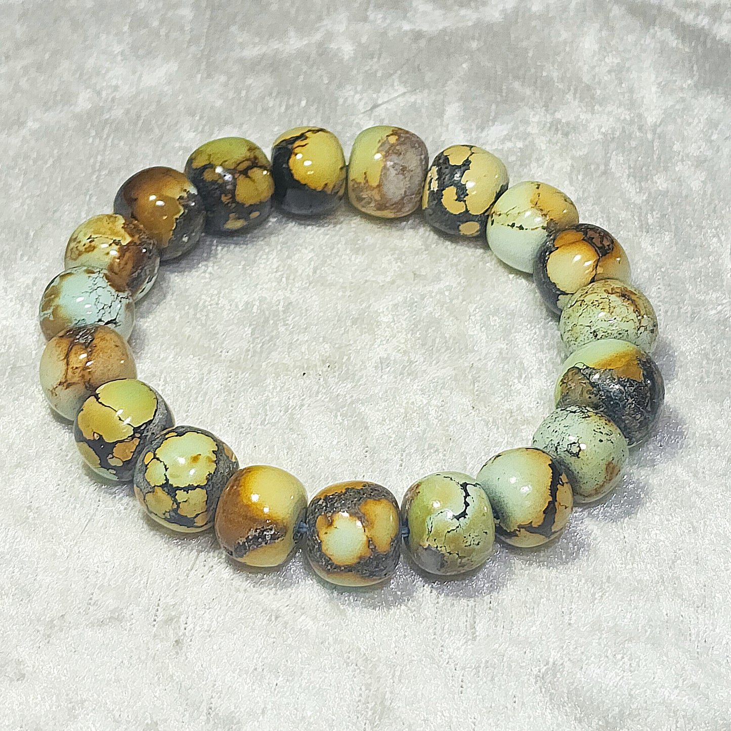 11mm+ Premium natural untreated Hubei Turquoise yellow green tangsancai old style beads bracelet [Natural Crystal] 优质天然原矿湖北松石高瓷菜籽黄唐三彩老型珠手链