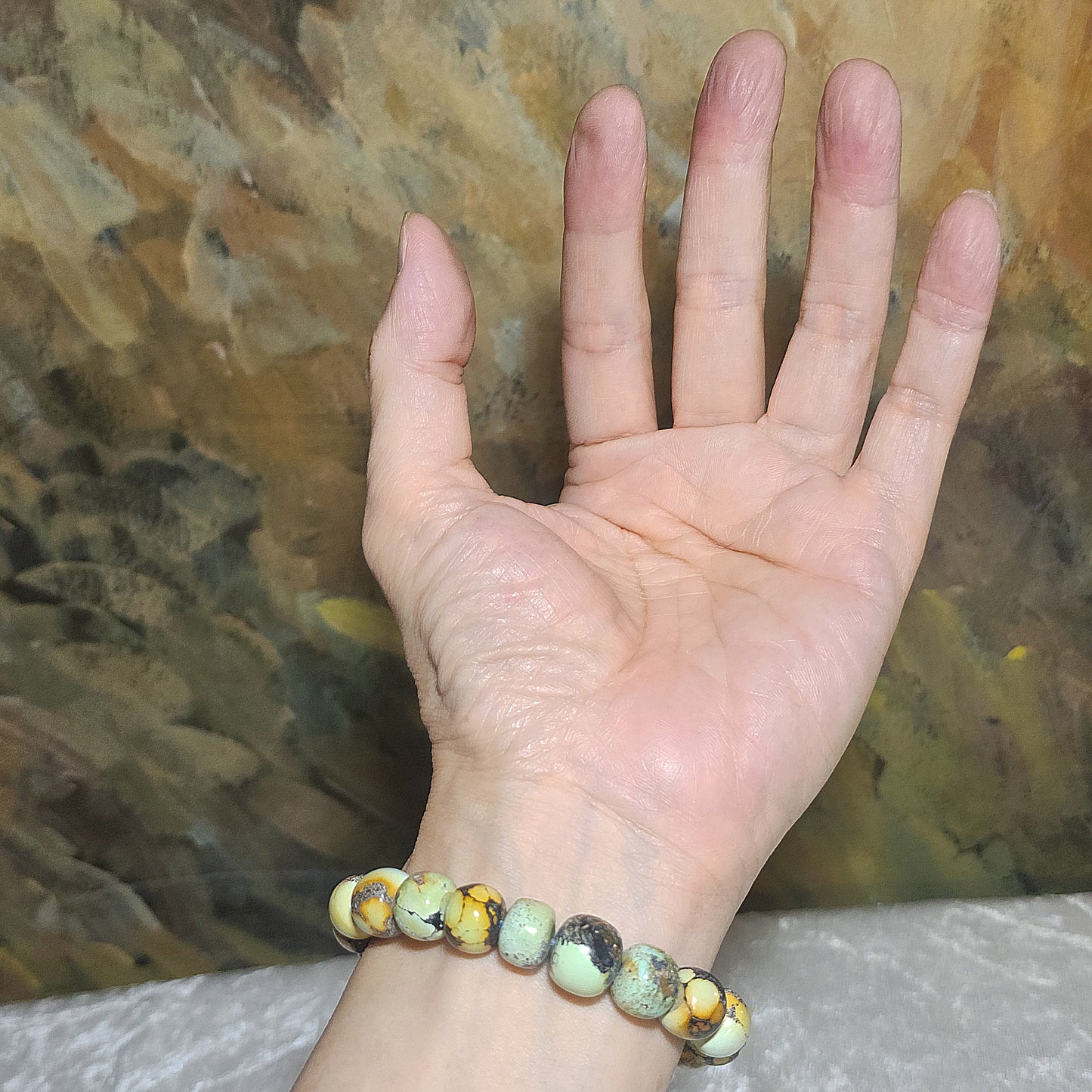 11mm+ Premium natural untreated Hubei Turquoise yellow green tangsancai old style beads bracelet [Natural Crystal] 优质天然原矿湖北松石高瓷菜籽黄唐三彩老型珠手链